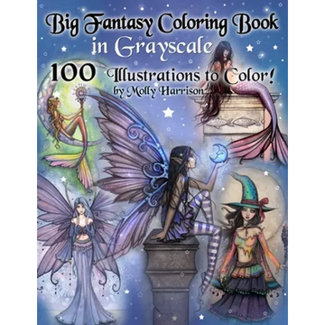 Big Fantasy Coloring Book in Grayscale - 100 Illustrations to Color by Molly Harrison: Grayscale Adult Coloring Book featuring Fairies, Mermaids, Witc - Paperback